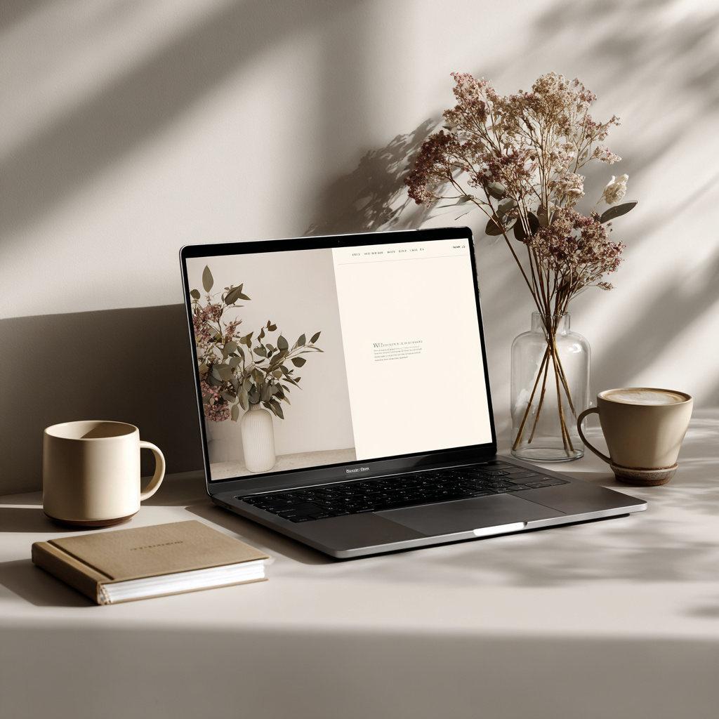 A calm, minimal workspace with a clean desk, neutral tones, and soft natural light, representing clarity and structure when your brand feels scattered.